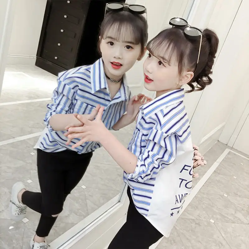 

2020 Striped Shirts for Girls Autumn School Blouse Cotton Blue Red Stripe Clothes Fot Toddler Baby 9 To 10 Years Girls Tops Fall