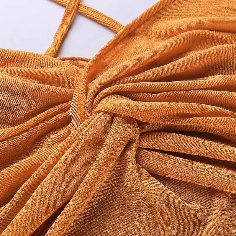 

Viifaa Sexy V-Neck Twist Front High Waist Bodycon Night Dress for Women Spaghetti Strap Backless Orange Short Dresses