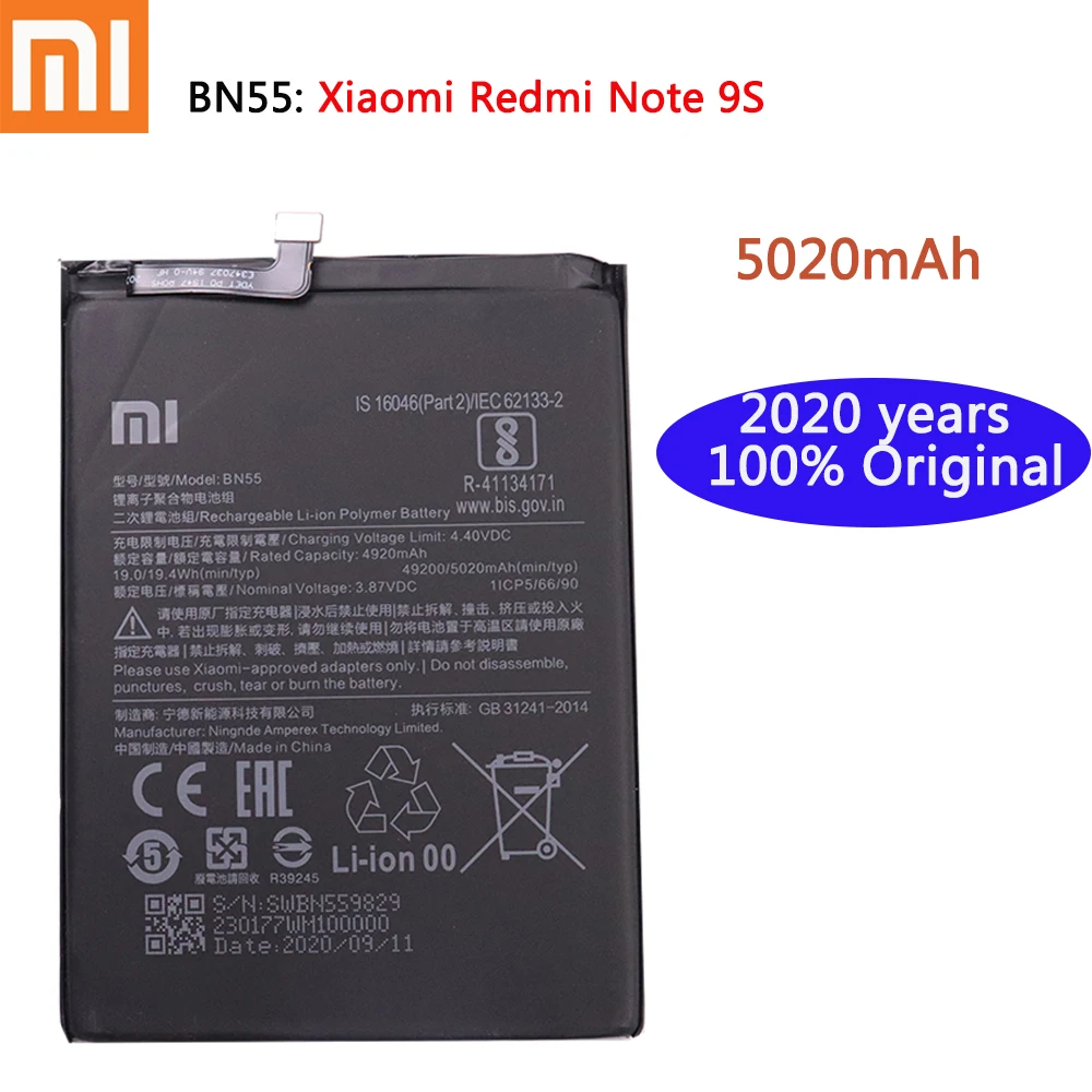 

Высококачественный оригинальный сменный аккумулятор xiaomi BN55 на 5020 мА · ч для Xiaomi Redmi Note 9 S Note 9 S Note9S Мобильный телефон батареи