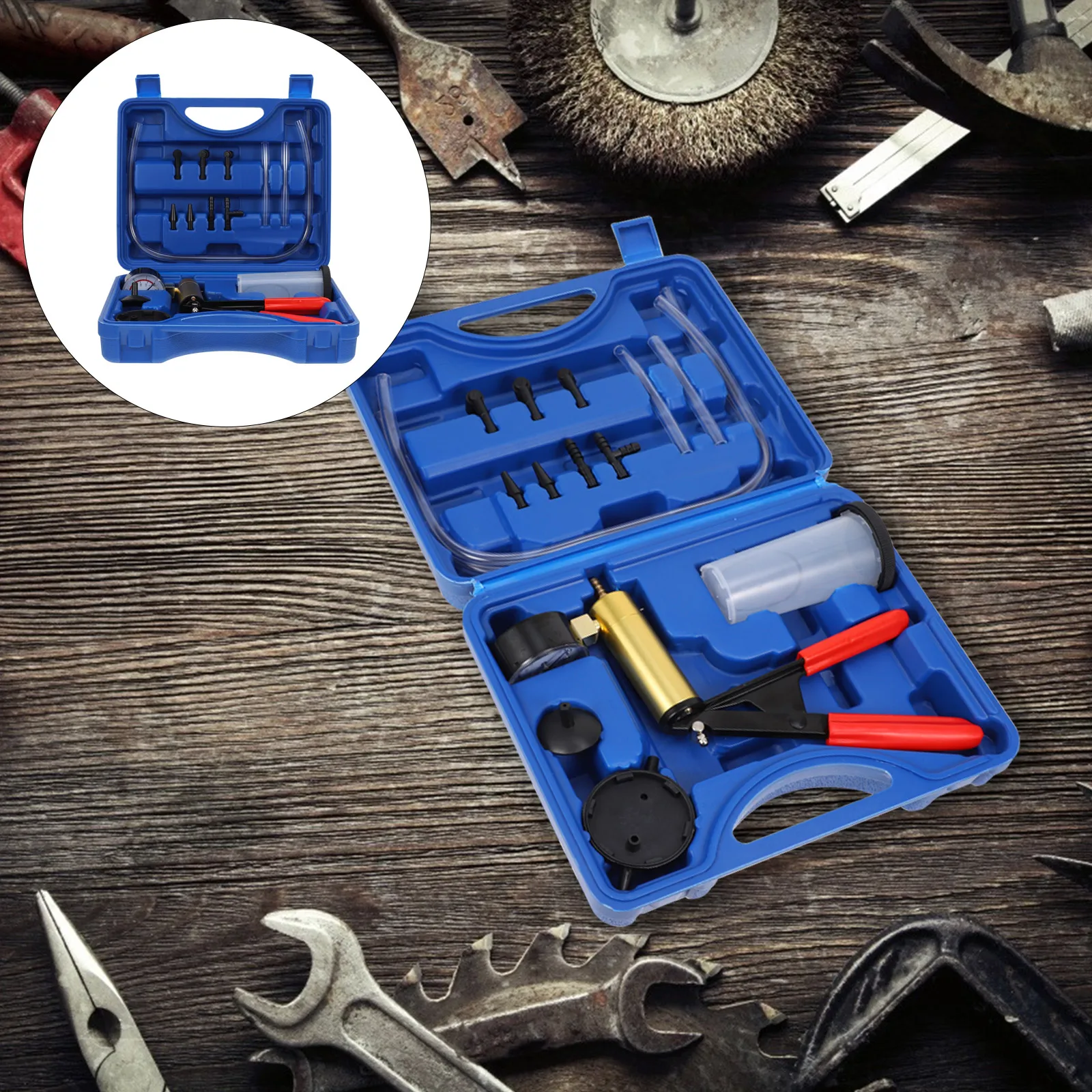 

Auto Hand Held Vacuum Pump Brake Bleeder Adaptor Fluid Reservoir Tester (Blue)