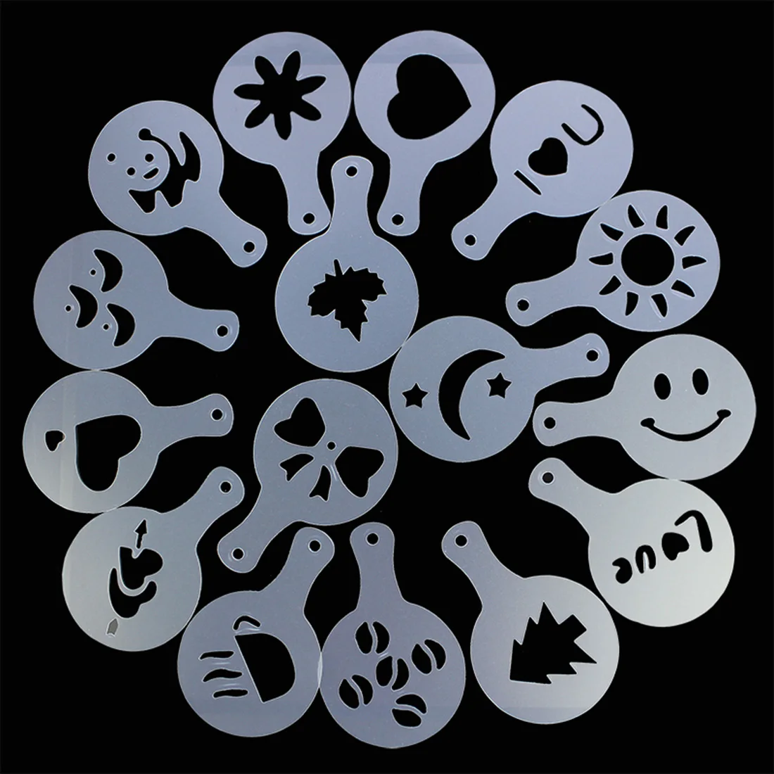 

16Pcs Coffee Printing Model Cappuccino Coffee Stencils Template Chocolate Shaker Cocoa Flour Spray Strew Flower Pad Coffee Tools