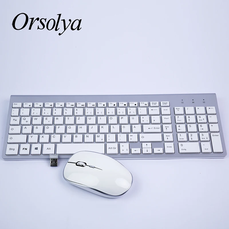 2,4G Беспроводная клавиатура и мышь Combo Orsolya Compact полноразмерная клавиатура и 2400 точек/дюйм оптическая мышь с низким уровнем шума, английский, испанский, немецкий, японский, французский, серебристый и белый
