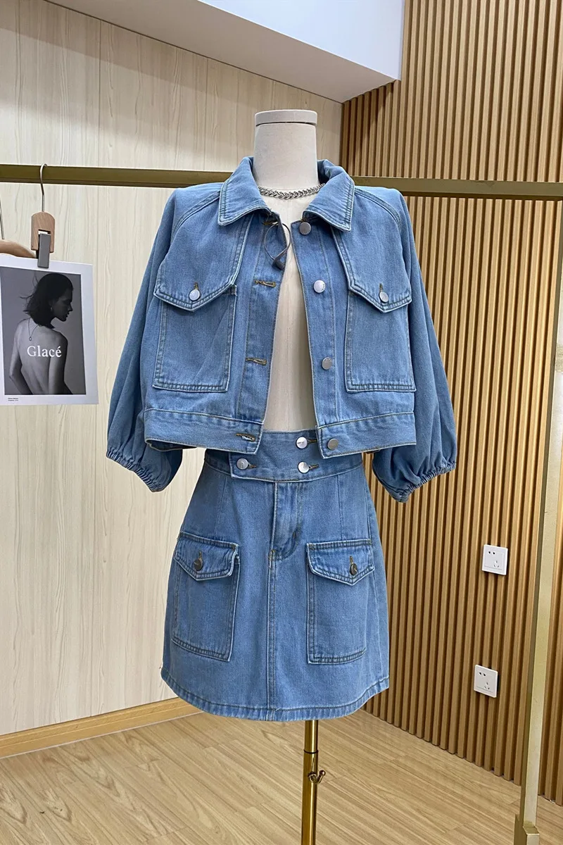 

Denim Two Pieces Skirt Suit Women's 2021 Short Korean Style Fashion Denim Jacket Lady High Waist Slimming Blue Skirt