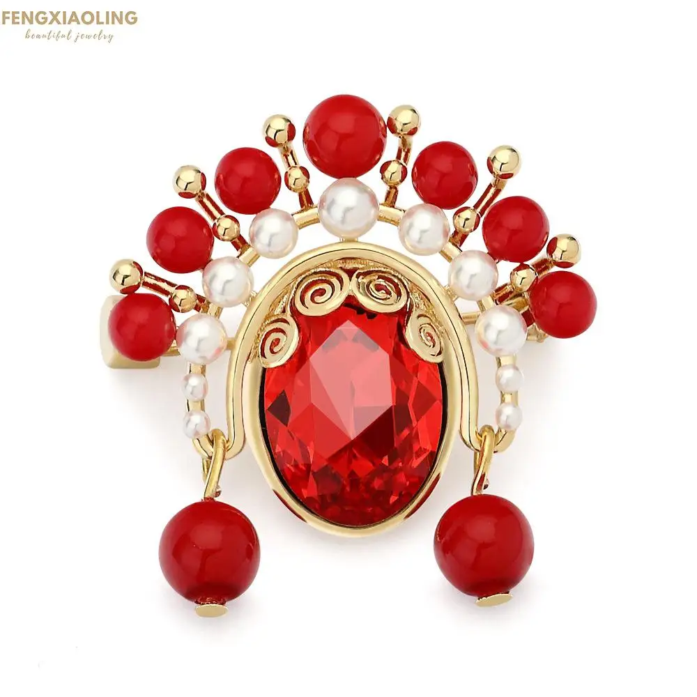 

Fengxiaoling New Fashion Chinese National Style Red Zircon Peking Opera Mask Brooches For Women Natural Freshwater Pearls Brooch