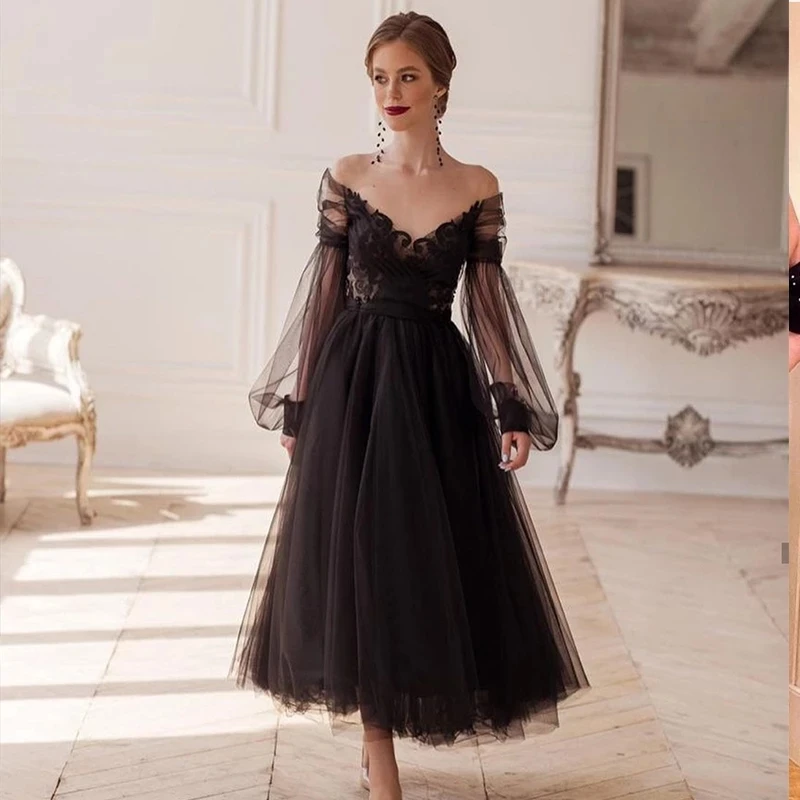 

Jasmine Elegant Women V Neck Full Puffy Sleeve Black Tulle Open Back Tea Length Evening Dress Prom Gown