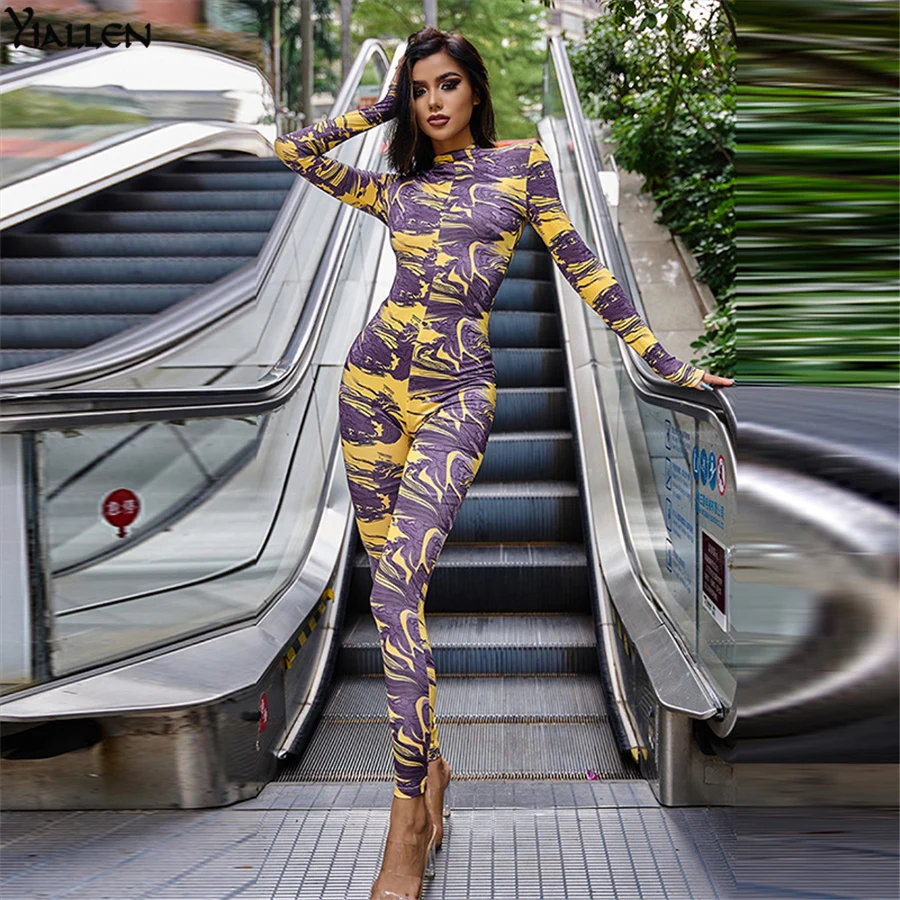 

Yiallen Autumn New Aesthetic Print Jumpsuit Women Zipper Turtleneck Long Sleeve High Street Body-sculpting Female Streetwear Hot
