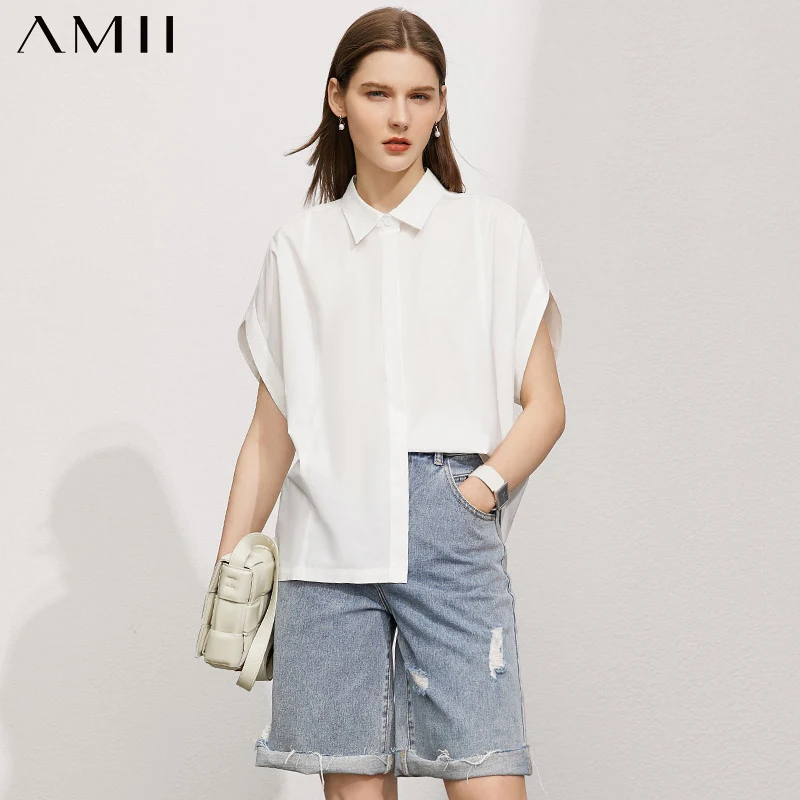 

AMII Minimalism Summer New Women's Shirt Fashion Offical Lady Solid 100%Cotton Lapel Loose White Women's Tops 12140550