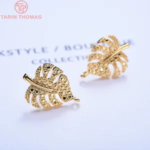 6 шт., латунные серьги-гвоздики с листьями, 24 к