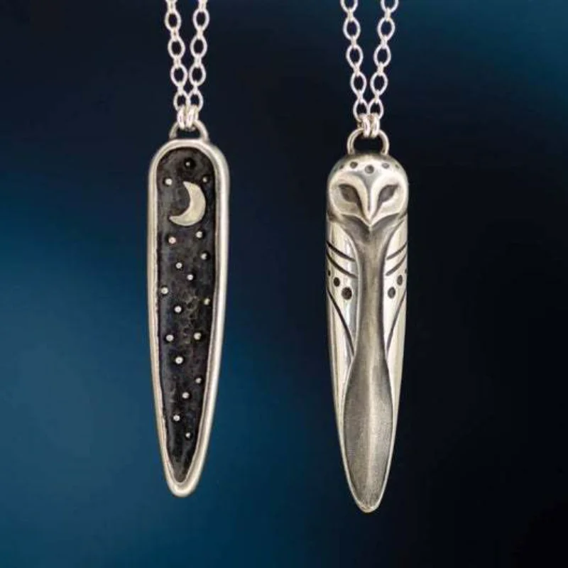 

2Pcs/1Bag Simple Classic Fashion Owl moon Antique Silver Color Pendant Girl Short Long Chain Necklaces Jewelry For Women