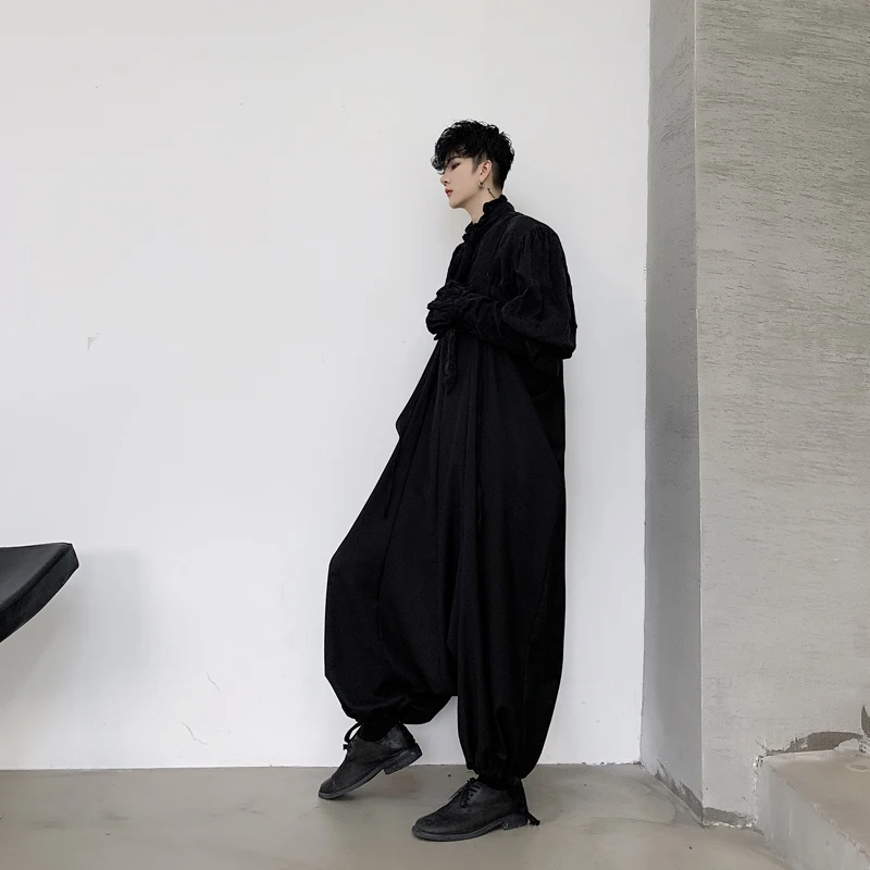 

New Male Japan Retro Fashion Streetstyle Loose Harem Pant Jumpsuit Men Loose Casua Bib Cross Pants Overalls