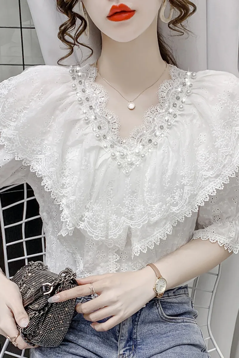 

Short Sleeve V Neck White Shirt 2021 Summer Lace Ruffled Chiffon Casual Blouses Female Korean Style Corset Top Blouse