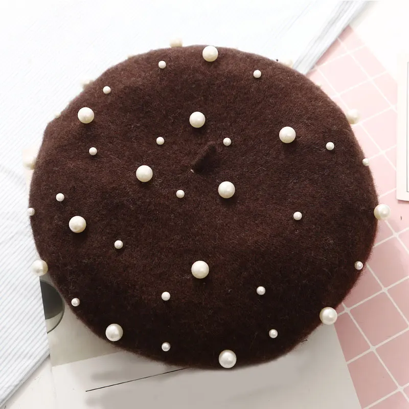 Женский шерстяной берет винтажный теплый кашемировый с жемчужинами и заклепками