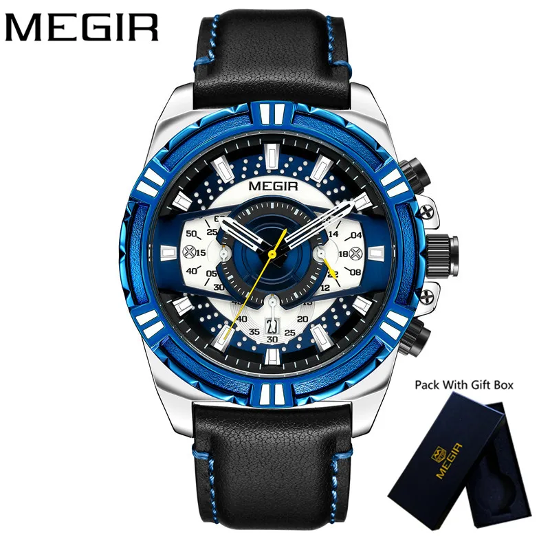 Часы наручные MEGIR мужские с хронографом брендовые Роскошные синие спортивные в