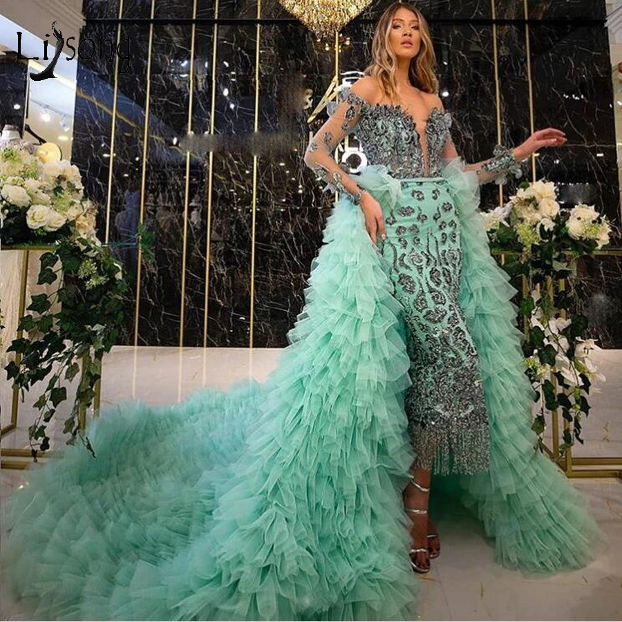 2020 Роскошные мятно зеленые бисерные платья для выпускного вечера со съемным