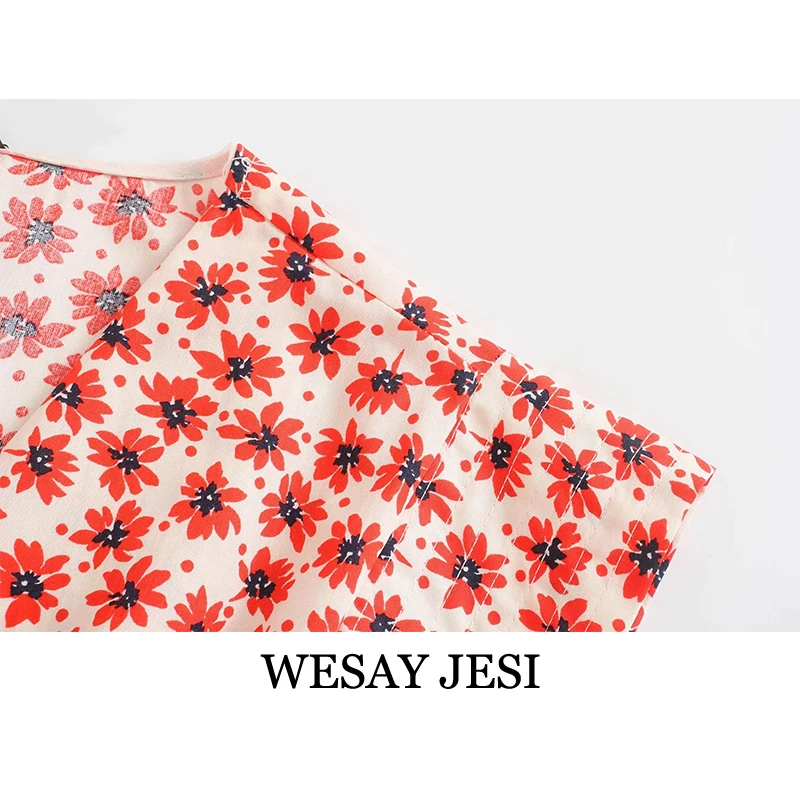 

WESAY JESI Women's Clothing TRAF Jumpsuit With Belt Print Vintage Sleeveless Jumpsuits Side Pockets Button-Up V-Neck Playsuits