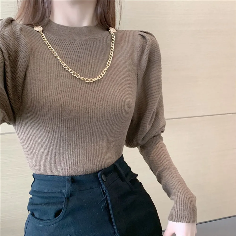 

Women Round Neck Sweater Chain Casual Slim Fit Pullover Stretch Ribbed Long Sleeve Tops 2022 Female Winter Bottoming Shirts A50