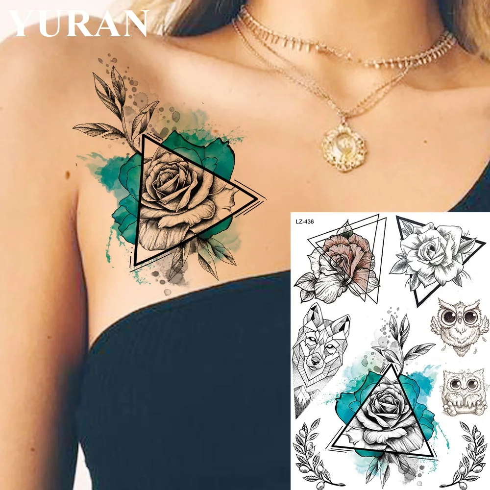

Flash Green Triangle Flower Rose Leaf Women Chest Tattoos Temporary Stickers Fake Waterproof Tattoo Girls Fox Makeup Arm Tatoos