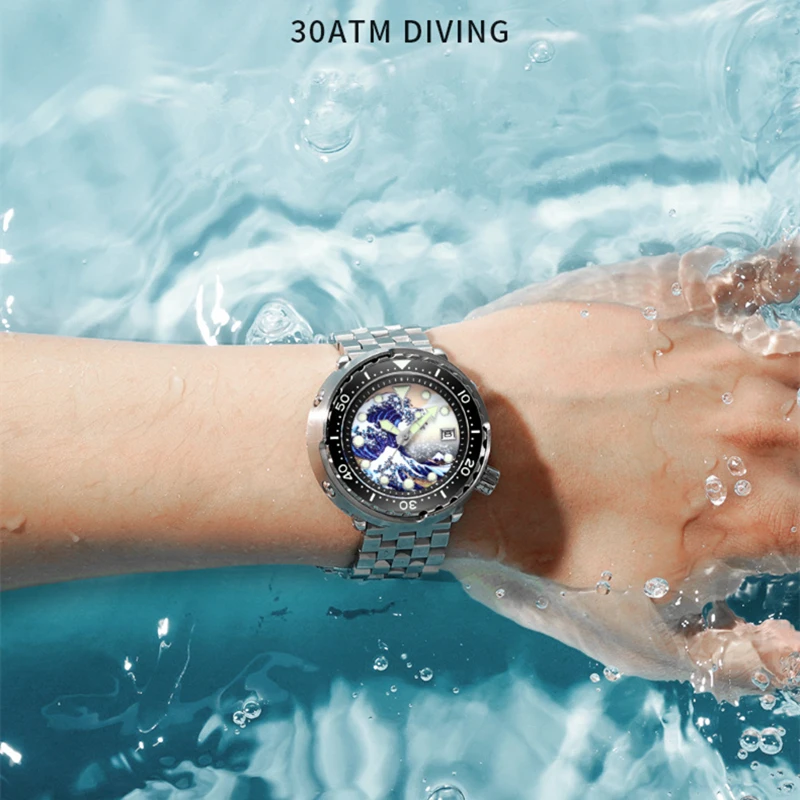 

FLEXFIL Diver Wave 3D Printing Full Luminous Kanagawa Surfing Dial NH35 Brand Automatic Mechanical Men Watch Sapphire