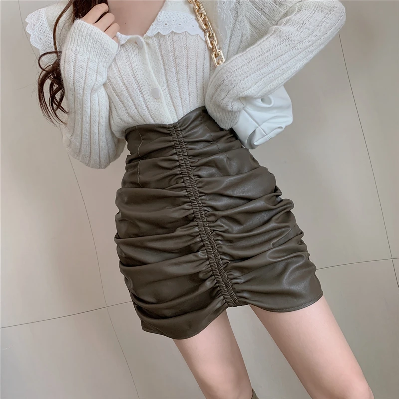 Черного цвета из искусственной кожи мини-юбки со складками Женская юбка-карандаш