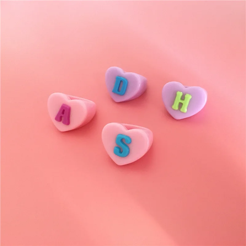 

New Aesthetic Colorful Resin Acrylic Letter Love Heart Finger Rings For Women Trendy Candy Finger Rings JewelryRandom letters