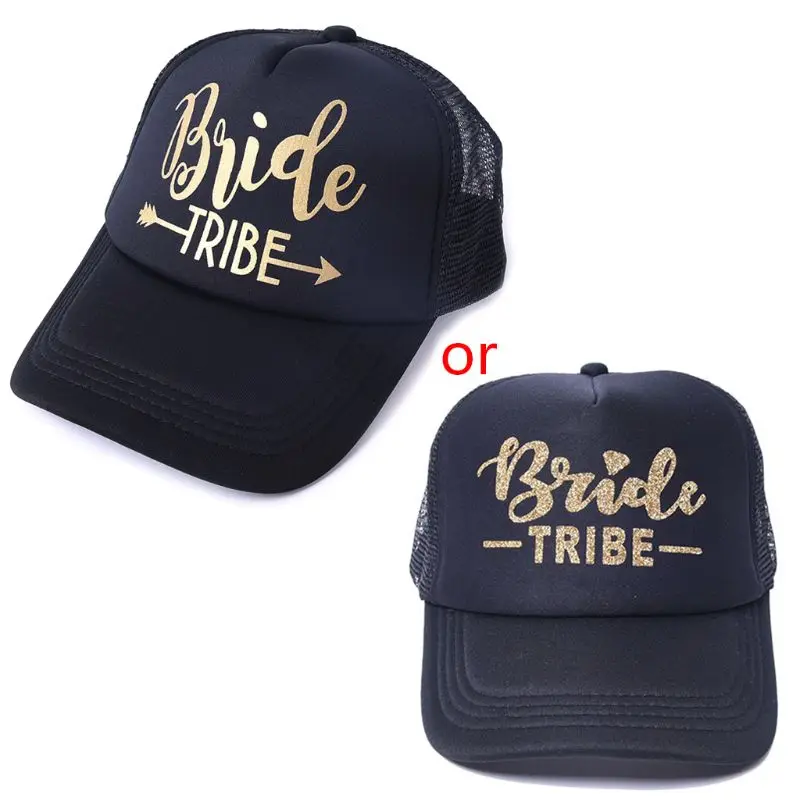 

Unisex Cotton Mesh Back Breathable Baseball Cap Glitter Bride Squad Tribe Letters Diamond Ring Print Snapback Peaked Trucker Hat