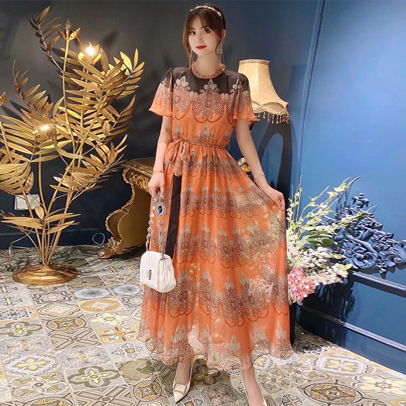 

DIDABOLE 2021 Runway High Quality New Women'S Elegant Fashion Gorgeous Print Vintage Vacation Casual Party Chiffon Long Dress