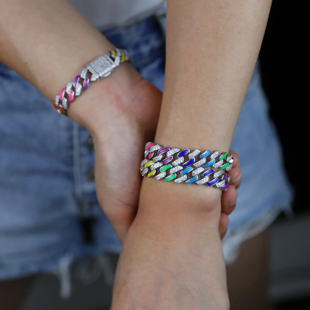 

Iced out 11mm hip hop bracelet bangle with cz paved cuban chain enamel rainbow colorful bracelet chain for women wedding gift