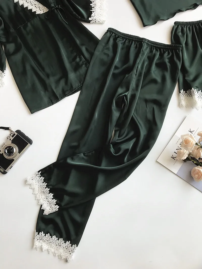 

2018 Autumn Winter Women Pajamas Sets 4 Pieces Fashion Spaghetti Strap Satin Sleepwear Female Silk Home Wear Sexy Lace Pijama
