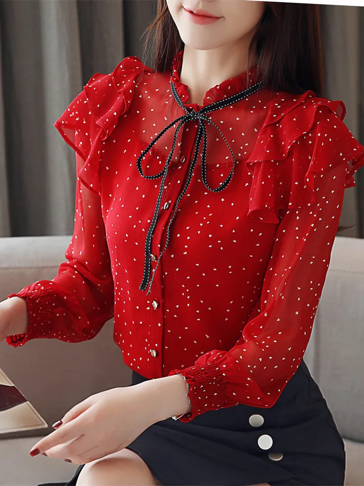 MUMUZI для женщин в красный горошек Блузка сложного кроя с принтом топы длинными