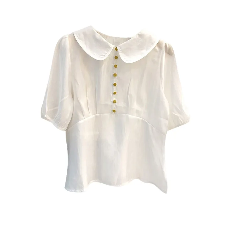 

Korean Dongdaemun Waist-Tight Doll Top for Women 2021 Spring and Summer New Pure Colored Fresh All-Matching Puff Sleeve Shirt