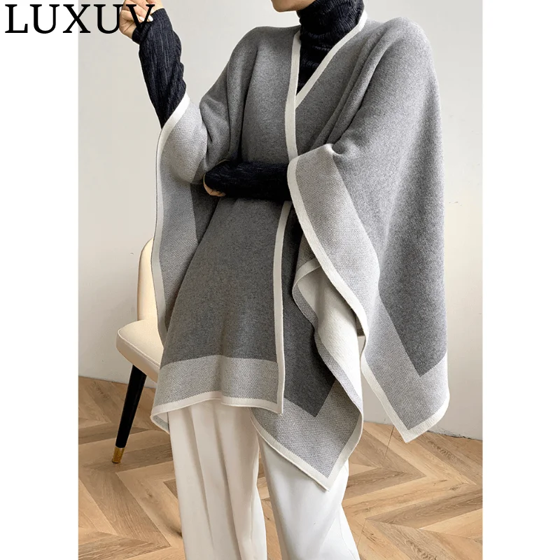 

LUXUV Lady Chic Knitted Cloak Women Fashion Simple Fake Collar Design Woman Casual Good Match Outside Warm Wool Soft Tops