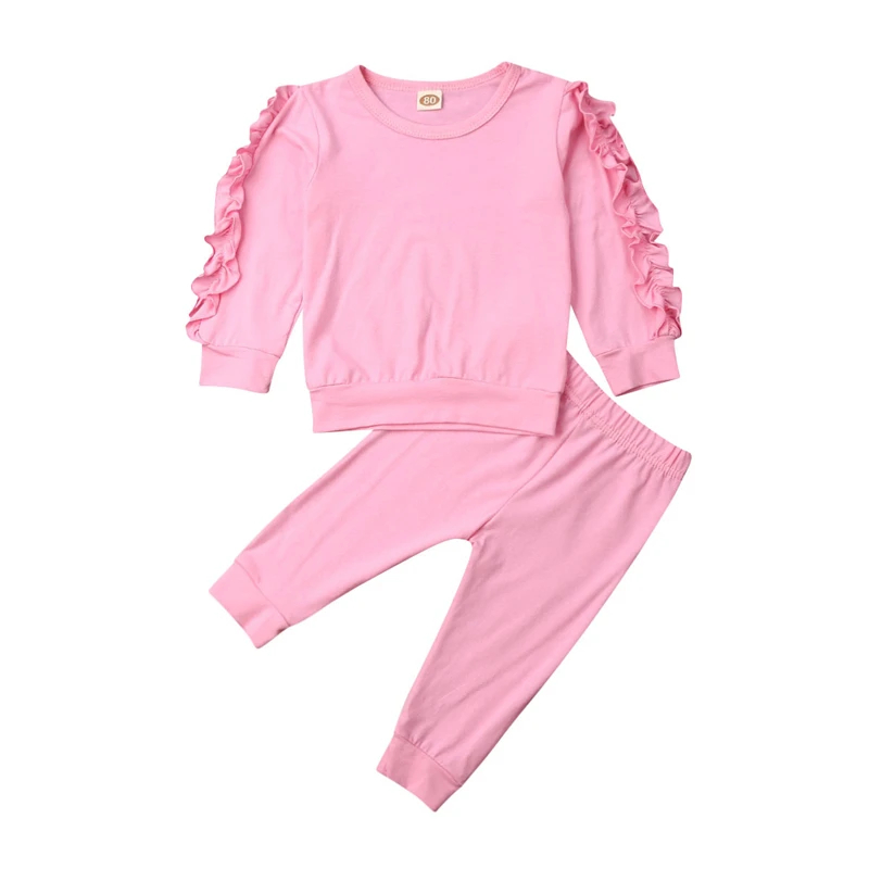 Conjuntos de 0 a 3 a&ntilde;os para ni&ntilde;as peque&ntilde;as, sudaderas informales y pantalones largos, ropa de casa de Color s&oacute;lido, primavera y oto&ntilde;o-0