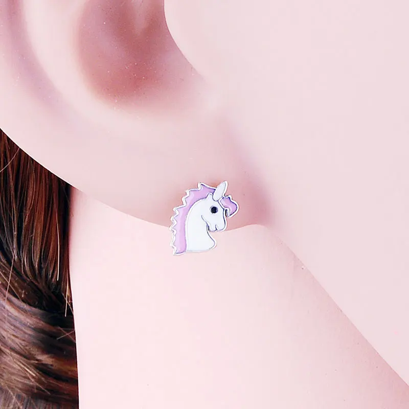 Серьги гвоздики с розовой эмалью и единорогом для девочек 100% Серебро 925 пробы