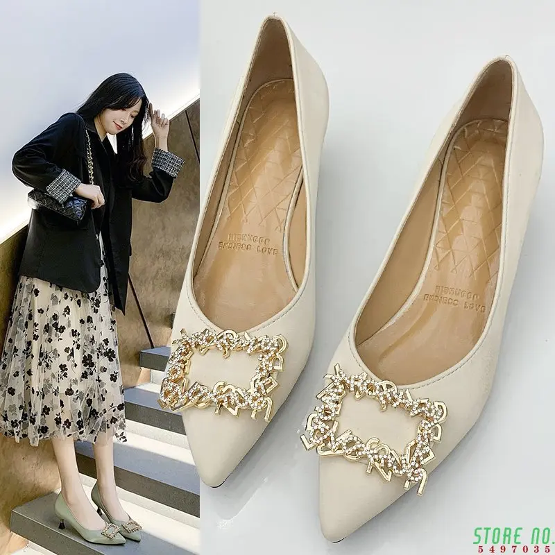 

High heeled shoes pointed fashion metal square buckle shallow mouth cover foot thin heel professional single shoes women's shoes