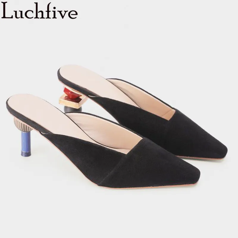 Женские замшевые туфли без задника с закрытым носком на высоком каблуке летние