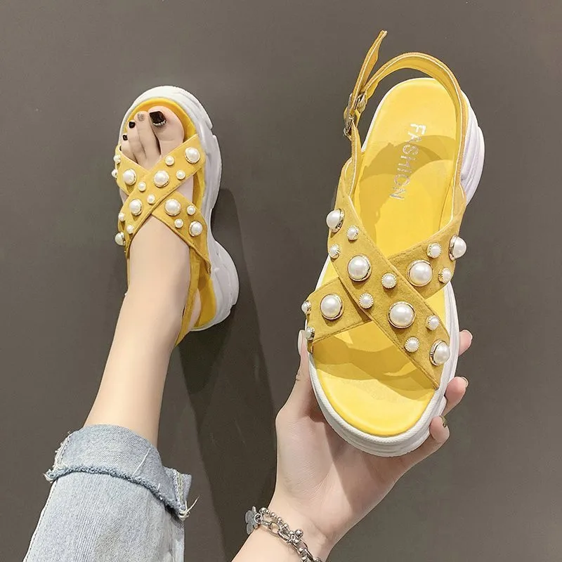 

Female Sandal Fashion Womens Shoes 2021 Clogs Wedge Buckle Strap Candy Colors Med All-Match Girls Luxury Platform Pearl Comfort