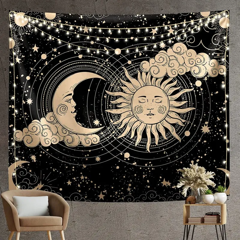 

Sun and Moon Tapestry Aesthetic Psychedelic Sun and Moon Black Tapestry Wall Hanging for Room Decor - 130X150cm