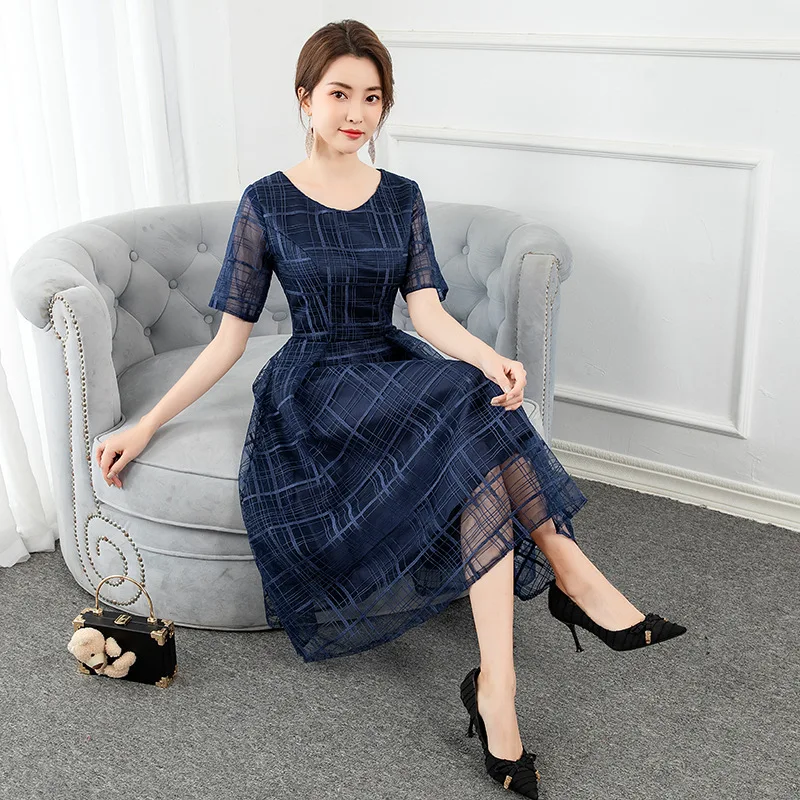 

Navy Blue Women Lace Evening Dress Mid-Length Plaid Stripe Banquet Pleated Dresses Skirt Bride Bridesmaid Wedding 3XL Prom Gown