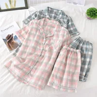 Fdfklak Pink/Blue Plaid New Pajamas For Men Short Sleeve Cotton Pijama Couple Pajamas For Women Trousers Homewear Suit