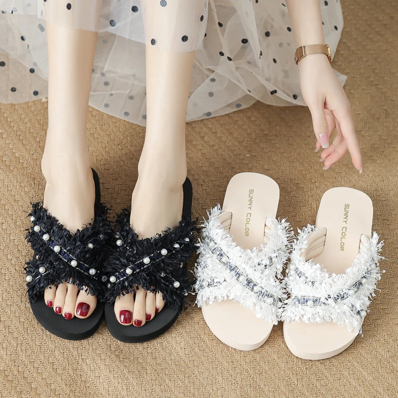 

String Bead Female Shoes Slippers Flat Luxury Slides Summer Clogs Woman On A Wedge 2021 Designer Beach Soft Cotton Fabric Rubber