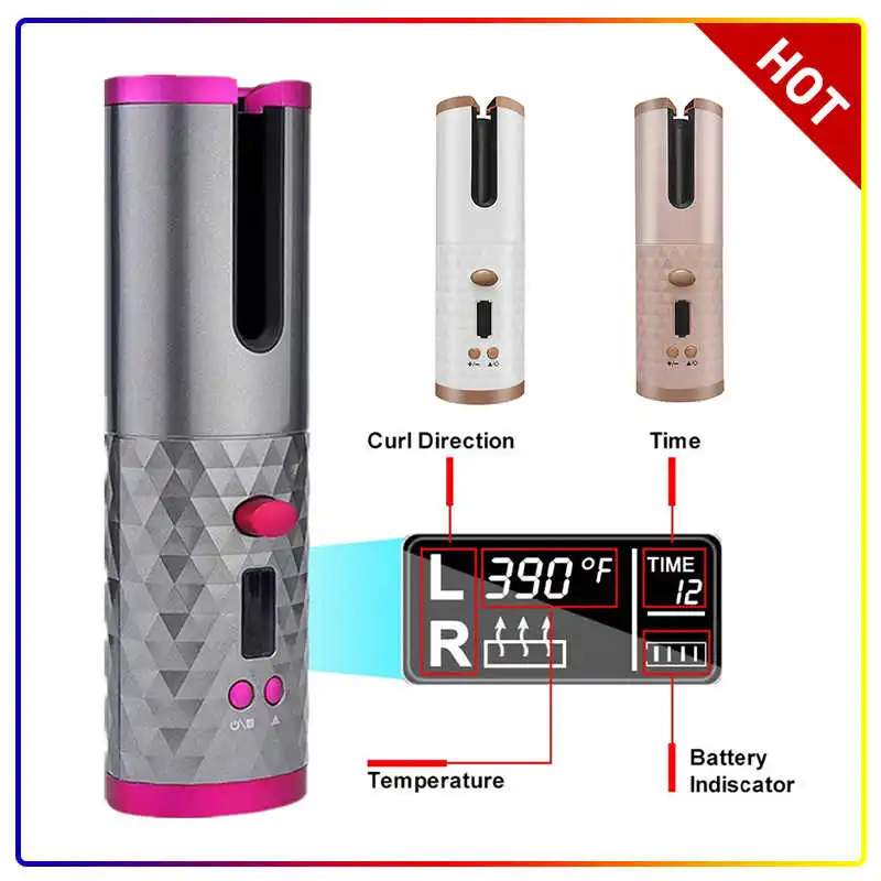 

Беспроводная Автоматическая Плойка для волос GH1, автоматическая вращающаяся плойка со светодиодным дисплеем и зарядкой от USB, прибор для за...