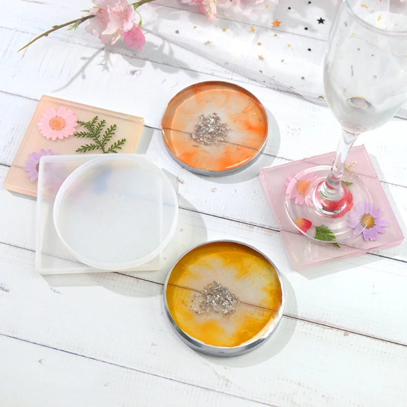

2Pcs Round Square Coaster Resin Mold Kit Geode Agate Resin Coaster Molds Glossy Coaster Cup Mats Molds Resin Craft Tools