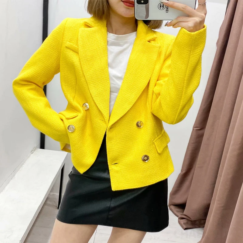 Chaqueta de Tweed recortada con doble botonadura para mujer, abrigo Vintage de manga larga con bolsillos, ropa de abrigo para mujer, chaleco elegante 2021