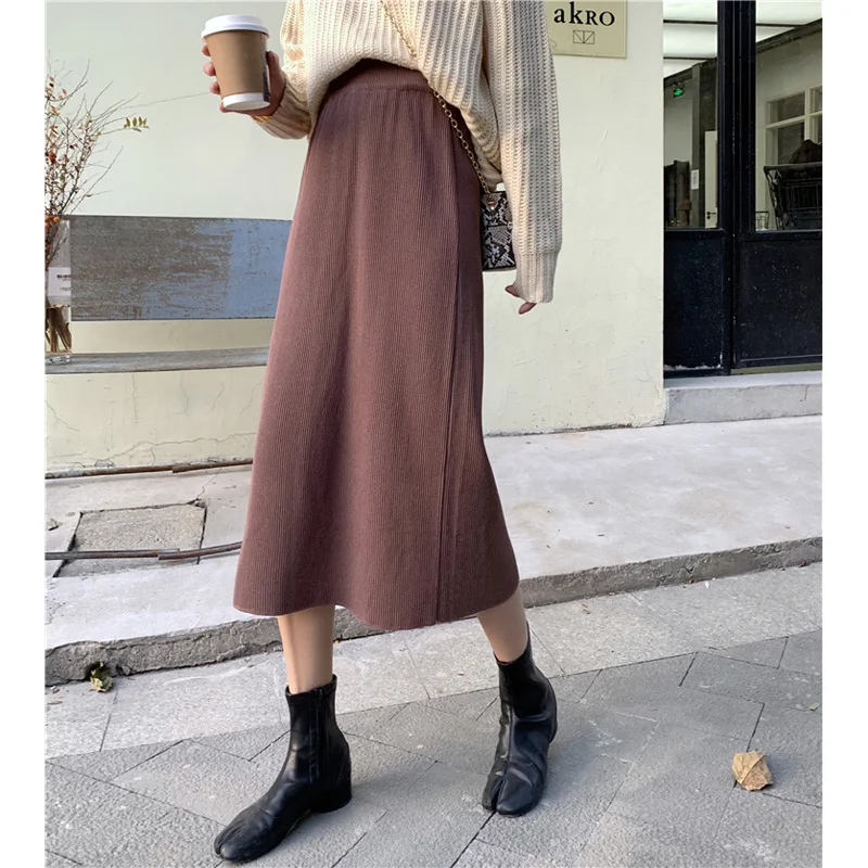 

Женская трикотажная юбка А-силуэта, однотонная облегающая юбка средней длины в Корейском стиле, с высокой талией, весна-осень 2021