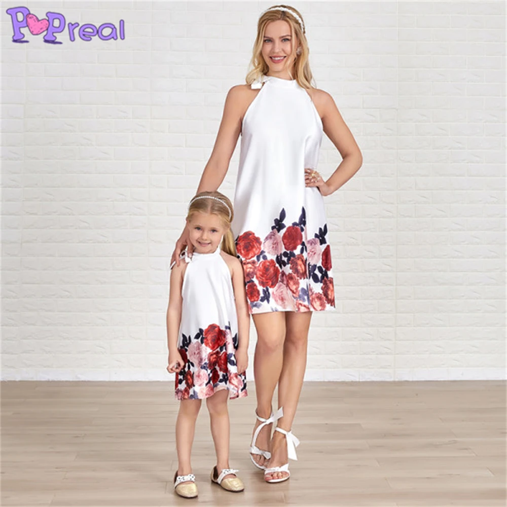 

PopReal Mom And Daughter Dress New Summer Floral Print Dress Halter Sleeveless Dress Family Matching Clothes Family Look