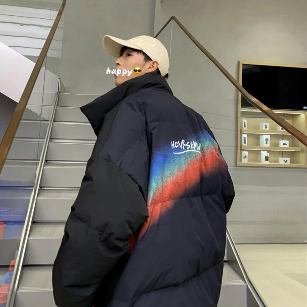 Men Cotton Padded Bomber Jacket Coat Streetwear Print Jacket Parka Harajuku Winter Down Jacket Coat Outwear