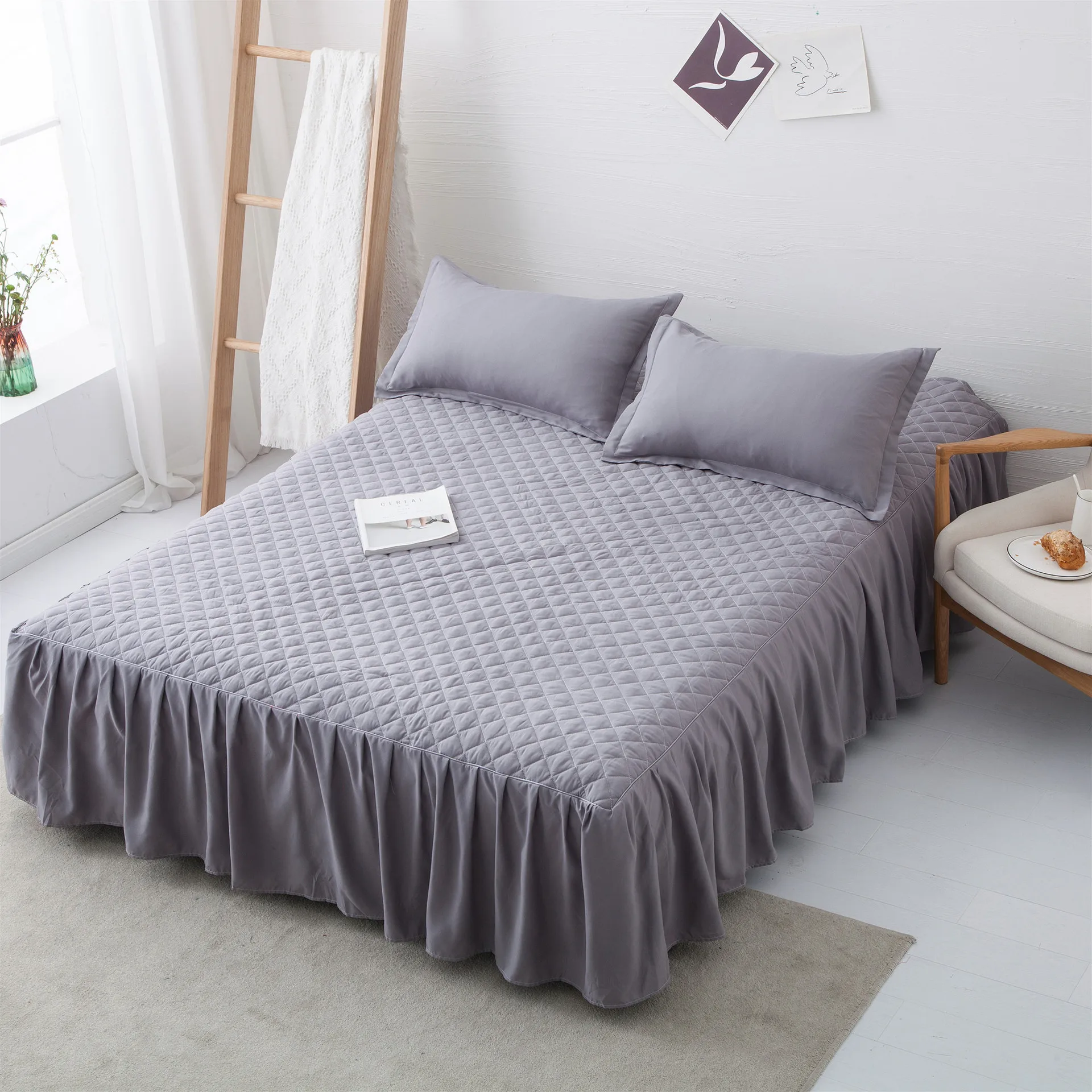 Thick Bed Skirt Pure Cotton Korean Princess Wind Purple Non-slip Bed Cover Gray Bedspread Mattress Protector Spread Queen Size