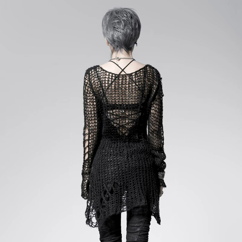 PUNK RAVE Punk Broken Pullover Striped Ladies Stylish Cape Sweater Computer Knitting Holes Thin O-Neck Long Sleeves Tops | Водолазки