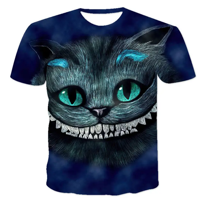 

Men's short-sleeved loose T-shirt with black bottom cat 3D printing round neck pullover and men's casual streetwear fashion T-sh