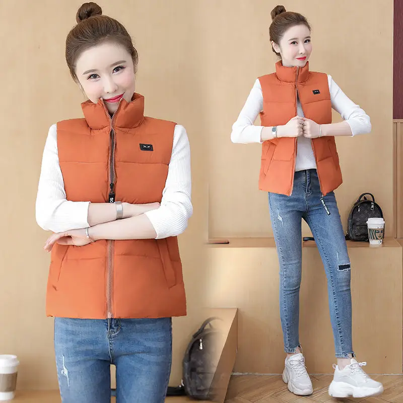 

DTSTARZG Women Autumn Winter Vest Stand Collar Solid Caramel Off white Pockets Sleeveless Jacket Female Casual Zippers Clothing
